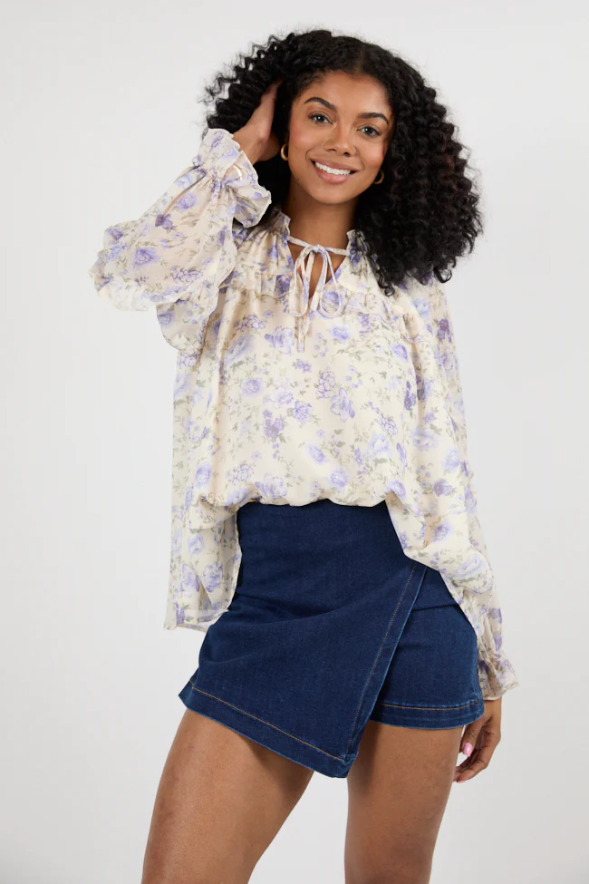 All I Want Purple Multi Oversized Ruffle Detail Popover Floral Blouse FINAL SALE - Terpint