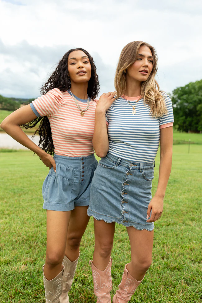 Hagan Gathered Short Sleeve Coral Stripe Knit Tee - Terpint