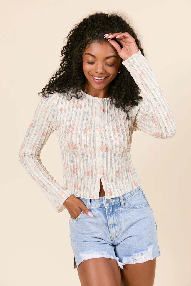 London Button Detail Floral Long Sleeve Knit Top - Terpint