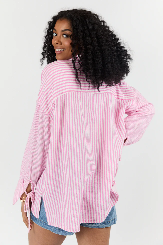 Daybreak Dreams Pink Gauze Multi Stripe Button Down Top FINAL SALE - Terpint