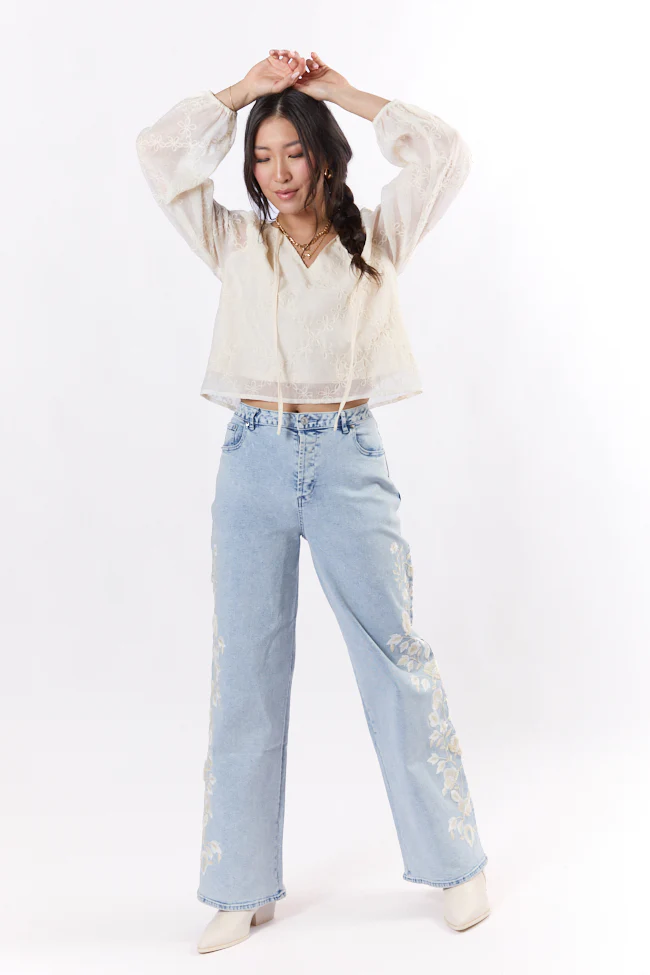 Daisy Light Wash Floral Embroidered Wide Leg Jeans FINAL SALE - Terpint