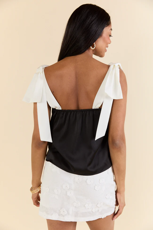 Classic Night Out Black and Ivory Satin Bow Sleeve Tank Top FINAL SALE - Terpint