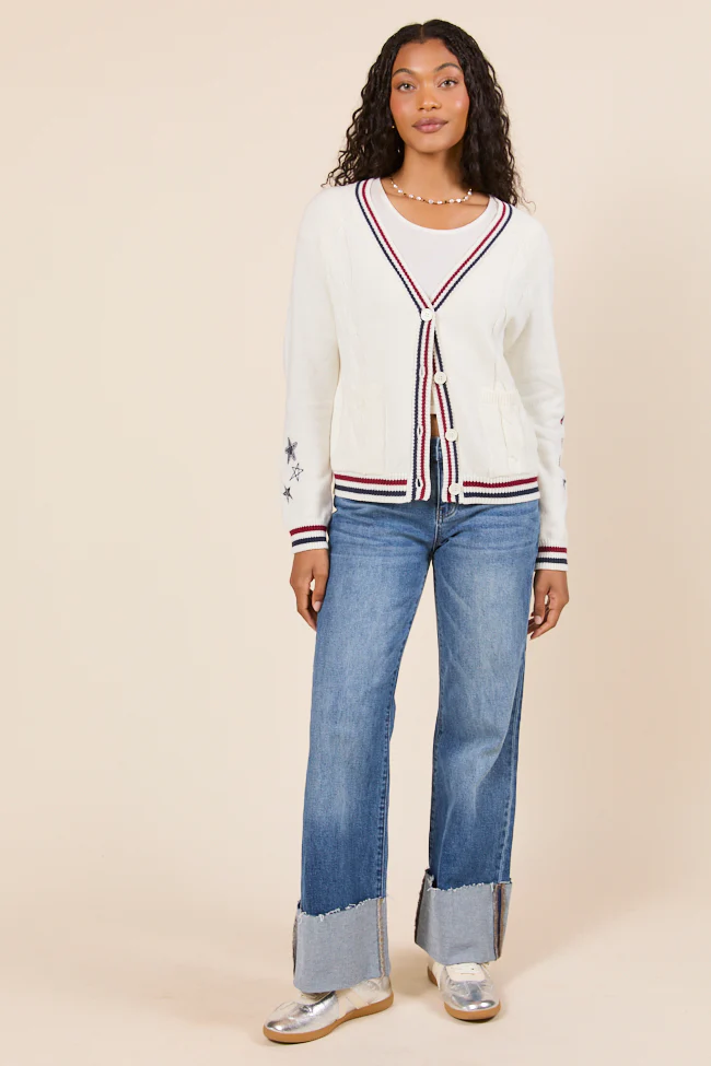 Brie Striped Trim Varsity Long Sleeve Cardigan - Terpint