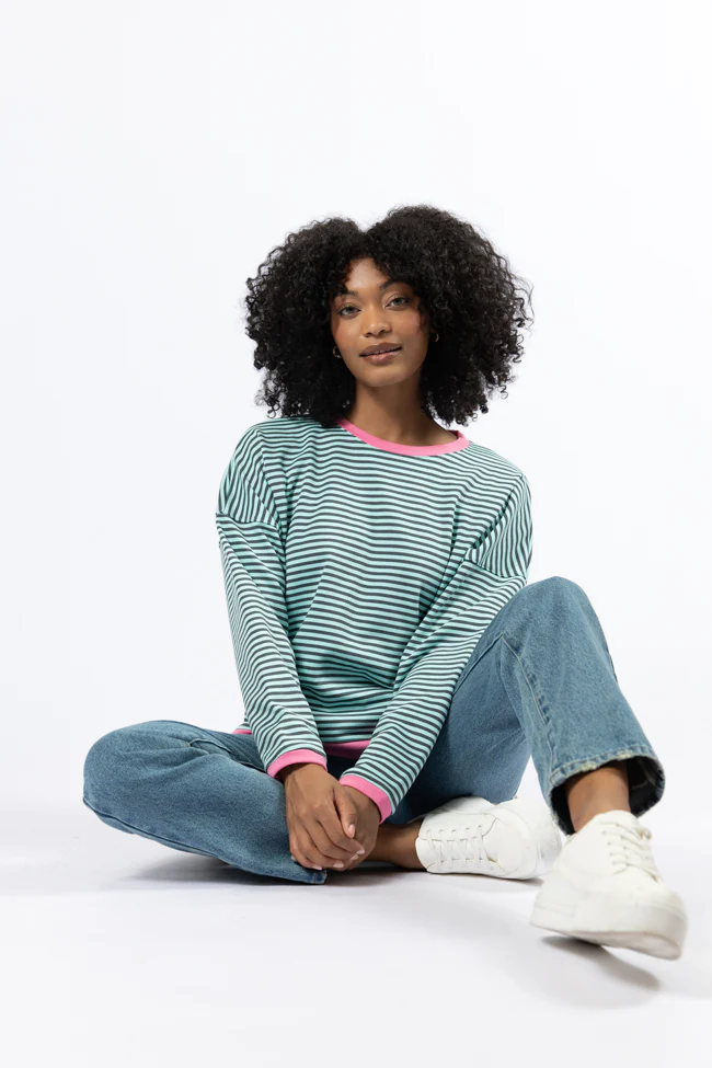 Think On It Pink, Navy, and Charcoal Striped Contrast Trim Pullover FINAL SALE - Terpint