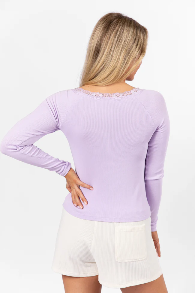 Make Your Choice Lilac Ribbed Lace Trim Henley Long Sleeve Tee FINAL SALE - Terpint