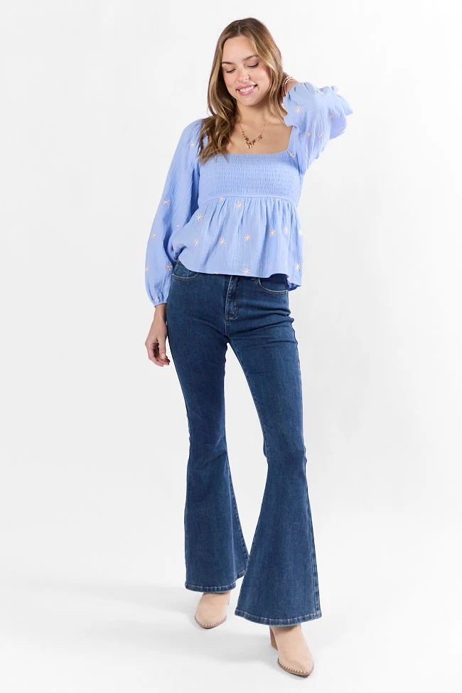 Darling Days Blue Floral Embroidered Gauze Top - Terpint