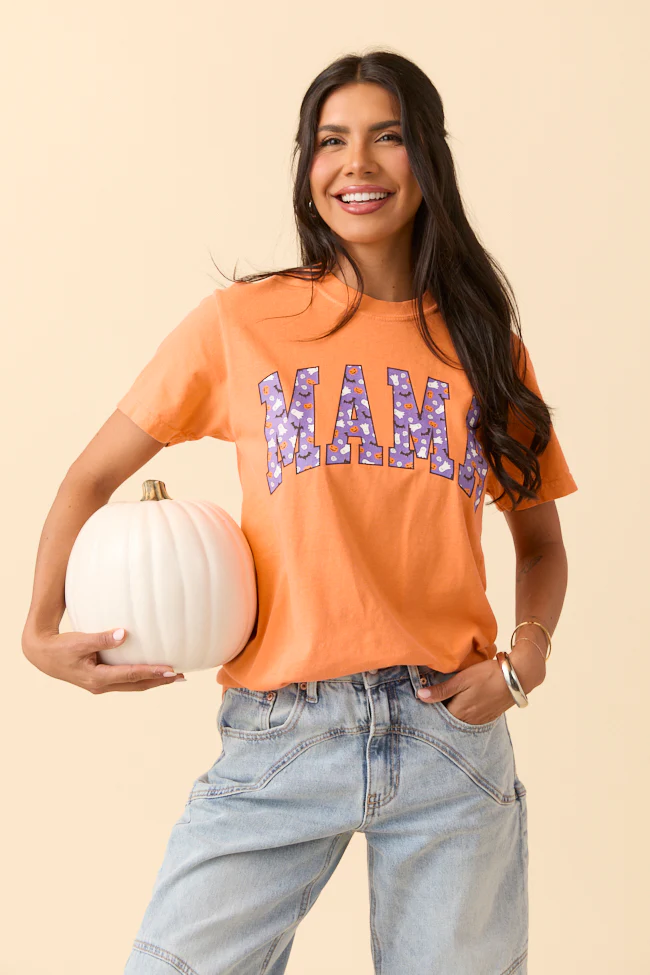 Mama Block Purple Halloween Print Burnt Orange Graphic Tee - Terpint