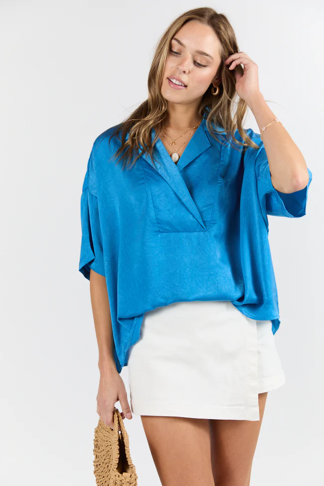 Dramatic Entrance Blue Oversized Satin Collared Blouse FINAL SALE - Terpint