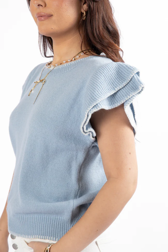 Everywhere and Back Light Blue Flutter Sleeve Stitched Detail Sweater FINAL SALE - Terpint