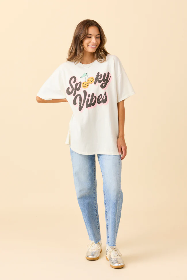 Spooky Vibes Off White Oversized Graphic Tee - Terpint