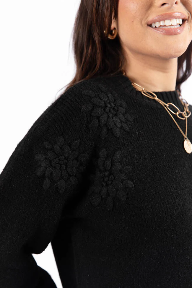 Days Of Dreaming Black Floral Embroidered Crew Neck Sweater FINAL SALE - Terpint