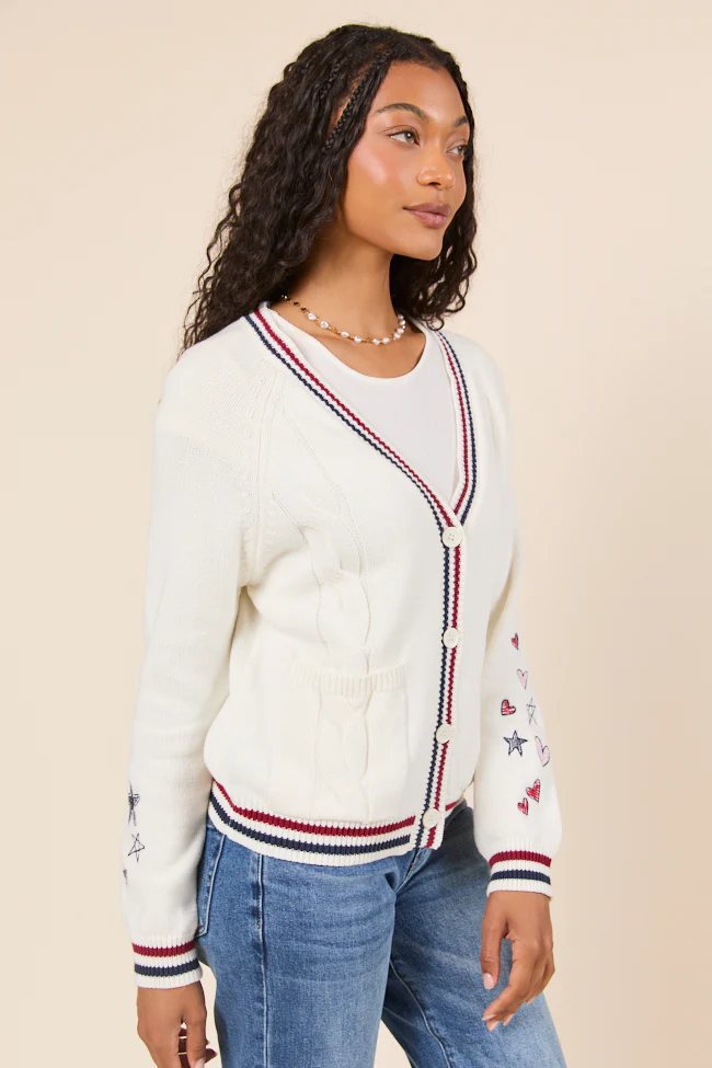 Brie Striped Trim Varsity Long Sleeve Cardigan - Terpint