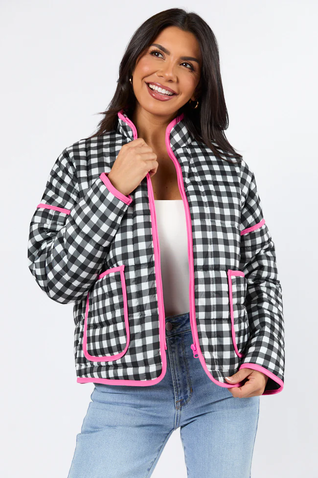 Going For It Black Gingham Printed Zip Up Jacket FINAL SALE - Terpint