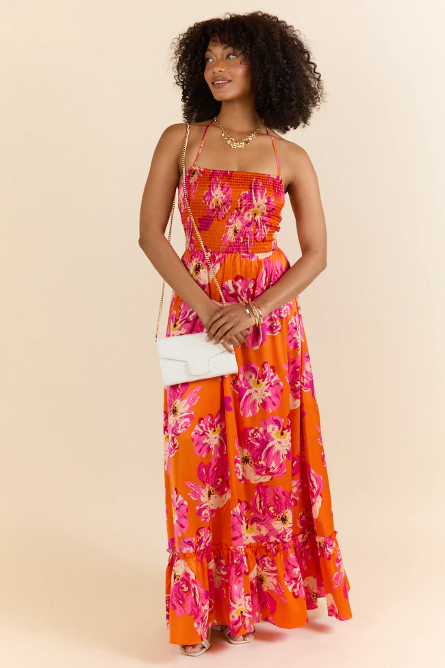Pick Of The Summer Orange Printed Smocked Halter Maxi Dress - Terpint