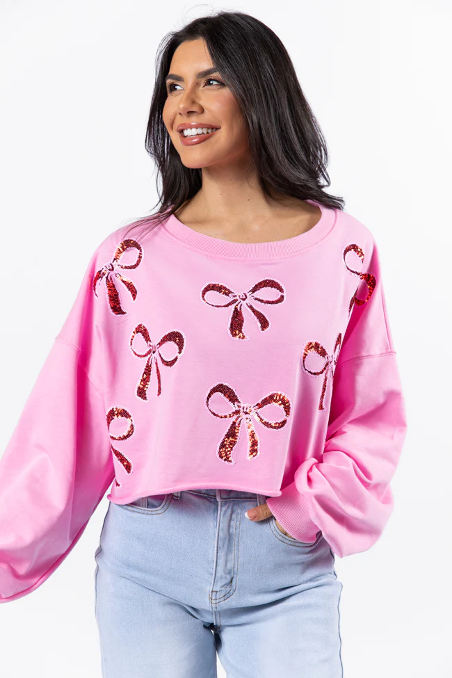 Wrapped Around My Finger Bow Sequin Patch Pink Cropped Sweatshirt FINAL SALE - Terpint