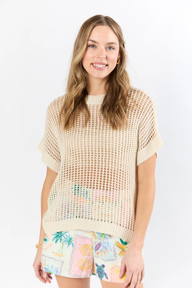 Wave Of Relief Beige Short Sleeve Open Knit Cover Up Sweater FINAL SALE - Terpint