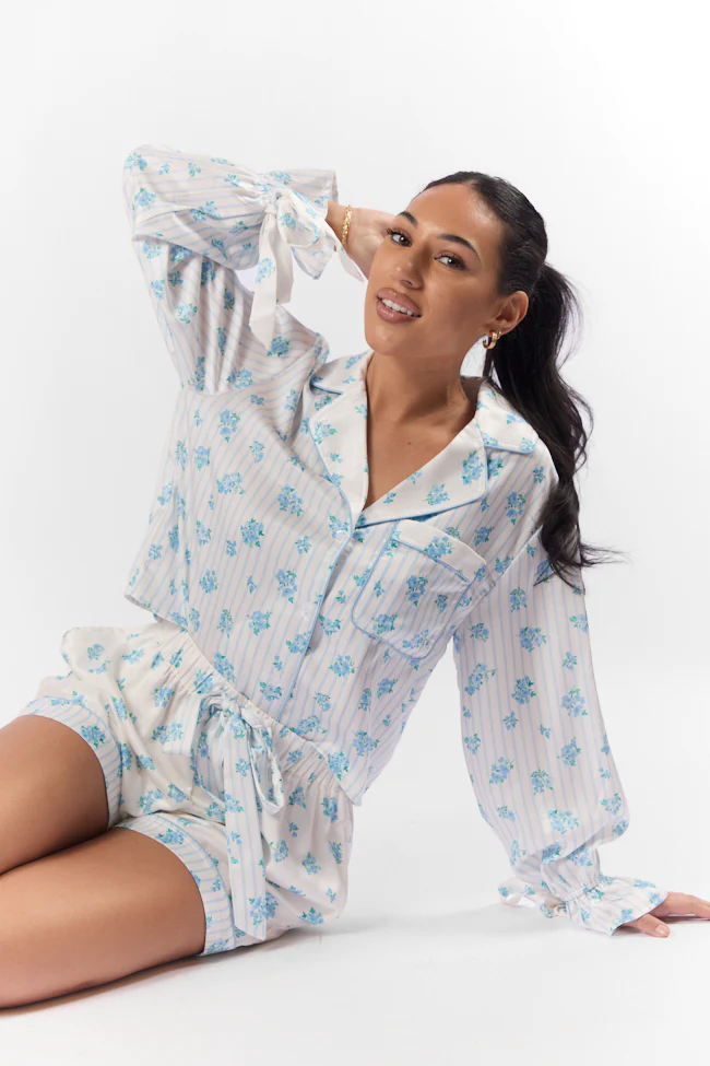 Sleep On My Side Blue Floral Satin Long Sleeve Pajama Top FINAL SALE - Terpint