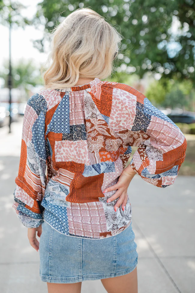 Outlook On Life Brown Multi Patchwork Printed Blouse FINAL SALE - Terpint