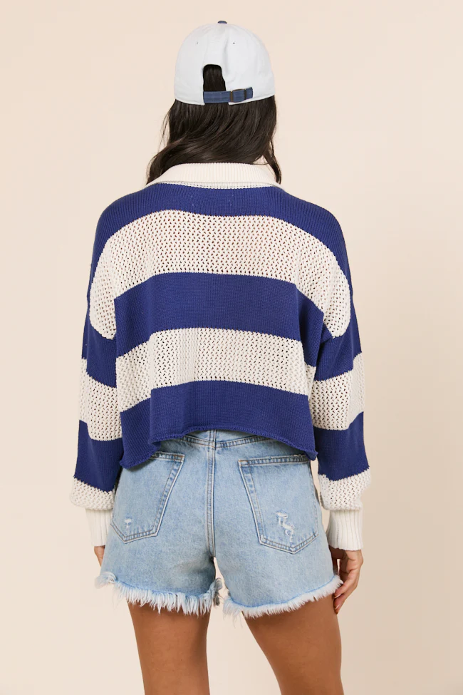 Zebb Long Sleeve Navy Striped Open Knit Sweater - Terpint