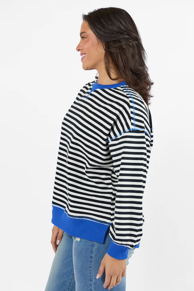 On A Dime Black and Blue Striped Sweatshirt FINAL SALE - Terpint