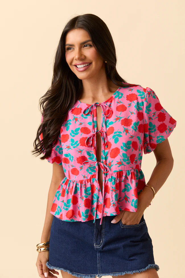 Mila Pink And Red Floral Tie Front Flounce Woven Blouse - Terpint