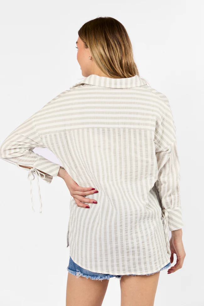 Cruel Summer Tan and Ivory Striped Gauze Button Down Top DOORBUSTER - Terpint