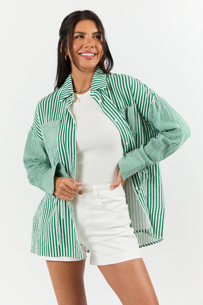Daybreak Dreams Green Gauze Multi Stripe Button Down Top - Terpint
