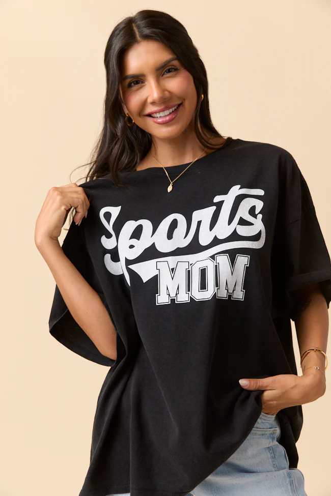 Sports Mom Black Oversized Graphic Tee - Terpint