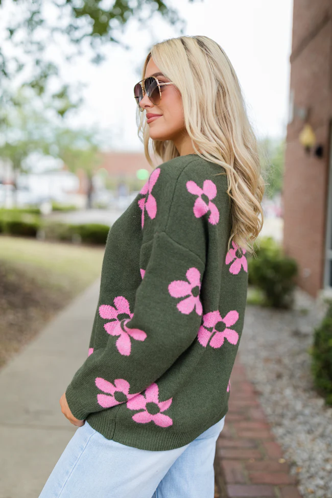 Keep You Around Olive and Pink Floral V-neck Sweater FINAL SALE - Terpint