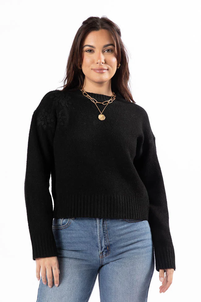 Days Of Dreaming Black Floral Embroidered Crew Neck Sweater FINAL SALE - Terpint