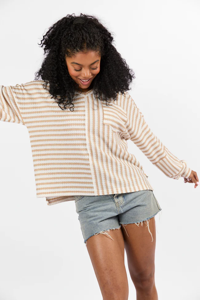 All For Sun Tan and Ivory Striped Knit V-Neck Long Sleeve Tee FINAL SALE - Terpint