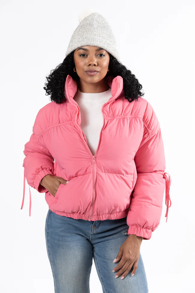 Where You'll Find Me Pink Bow Sleeve Puffer Jacket FINAL SALE - Terpint