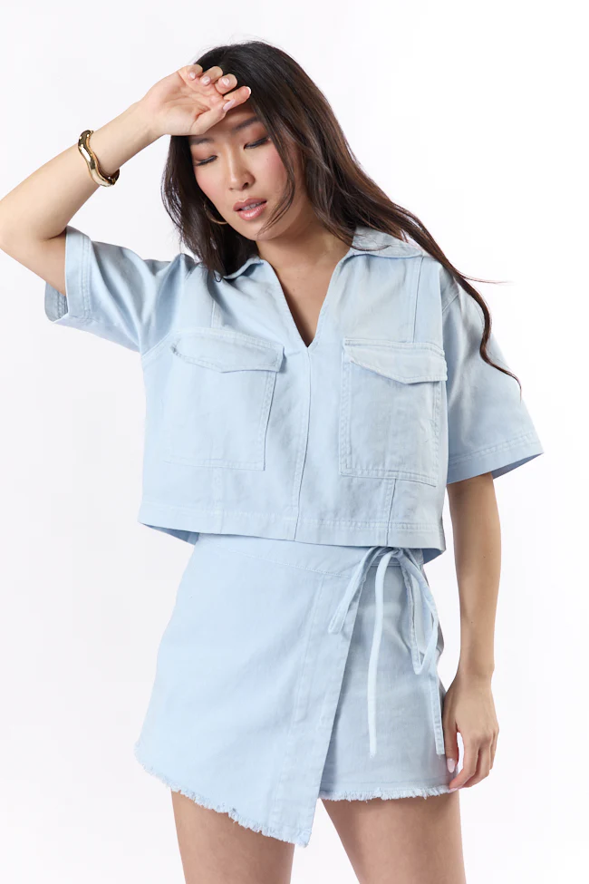 New Ways Ice Blue Cropped Denim Top FINAL SALE - Terpint
