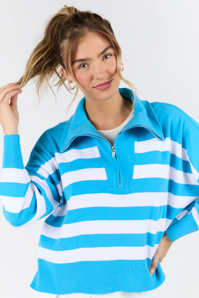 Pulling Heartstrings Hip Length Aqua Stripe Quarter Zip Pullover DOORBUSTER - Terpint
