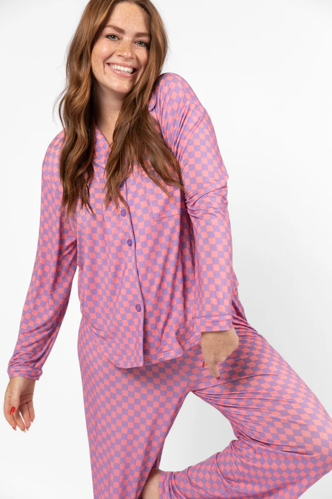 Good To Get Away Light Pink and Lilac Checkered Long Sleeve Pajama Top FINAL SALE - Terpint