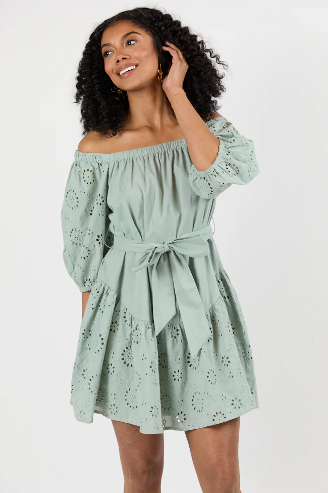 Set The Sage Eyelet Off The Shoulder Dress SALE - Terpint