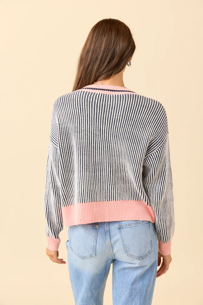 Alma Textured Navy Striped Knit Cardigan - Terpint