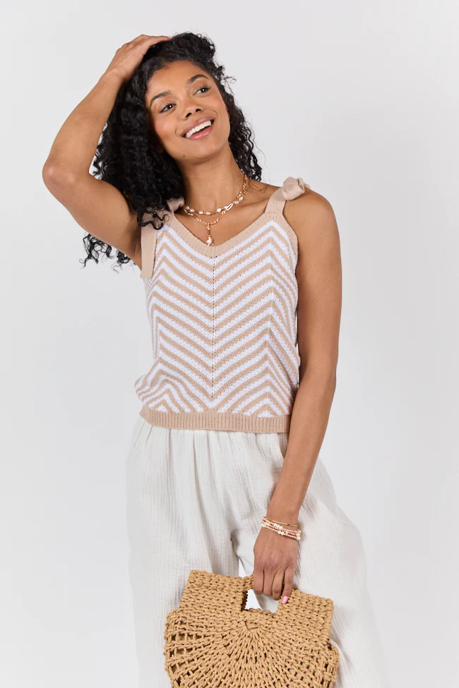 Chevron Smiles Beige and Ivory Tie Sleeve Sweater Tank DOORBUSTER - Terpint