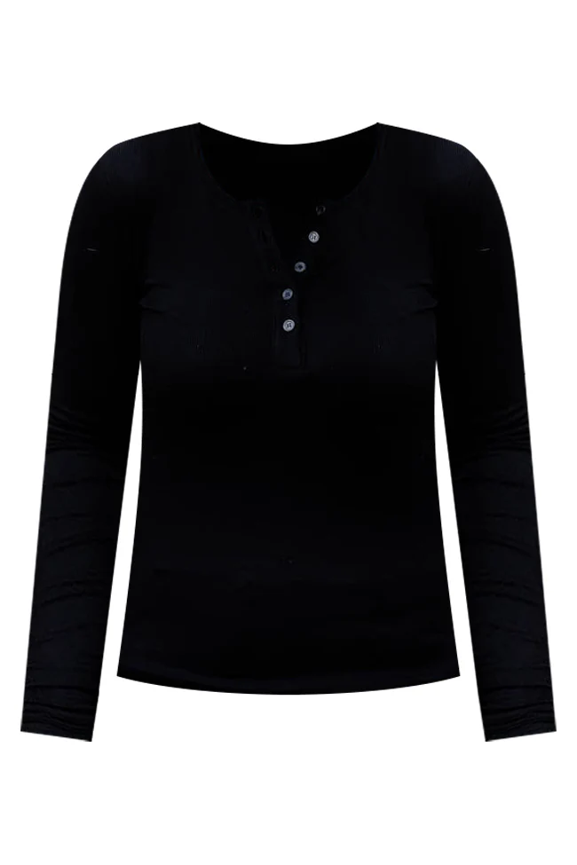All The Better Black Ribbed Knit Henley Long Sleeve Tee FINAL SALE - Terpint