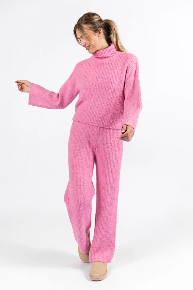 Keep It Comfy Candy Pink Fuzzy Turtleneck Sweater Set FINAL SALE - Terpint