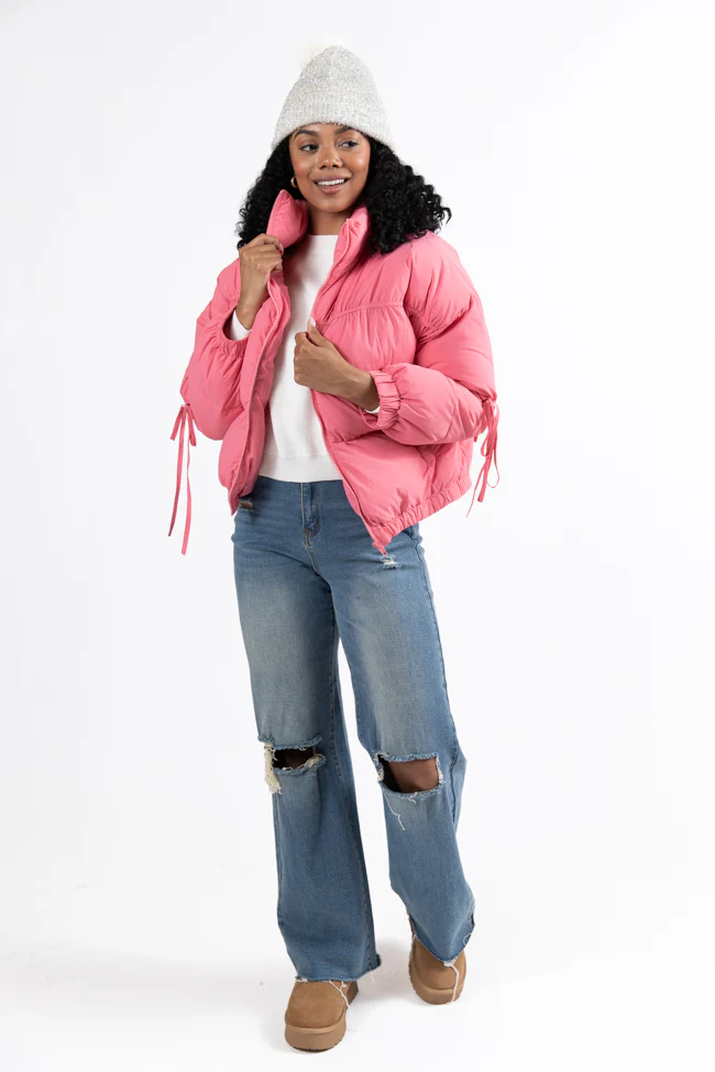 Where You'll Find Me Pink Bow Sleeve Puffer Jacket FINAL SALE - Terpint