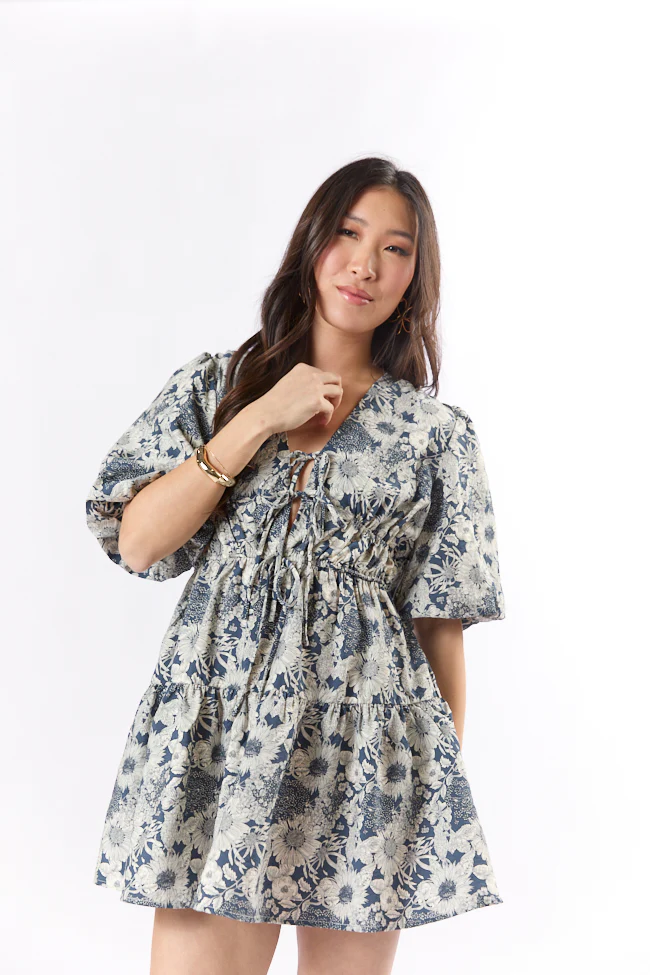 Build My Empire Navy Tie Front Floral Mini Dress FINAL SALE - Terpint