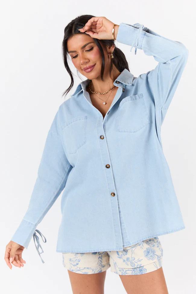Different Plans Light Wash Chambray Button Down Blouse DOORBUSTER - Terpint