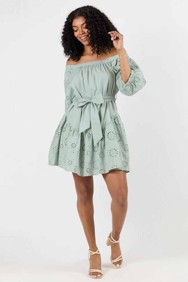 Set The Sage Eyelet Off The Shoulder Dress SALE - Terpint