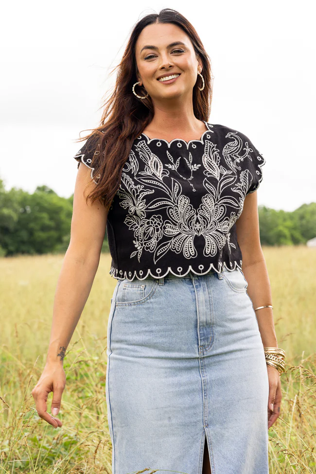 Amaya Cap Sleeve Black Embroidered Woven Top - Terpint