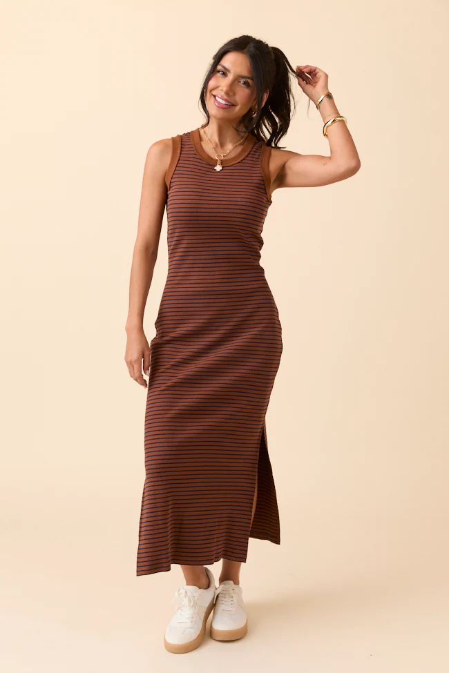 Emmie Lou Brown Striped Ribbed Knit Maxi Dress DOORBUSTER - Terpint