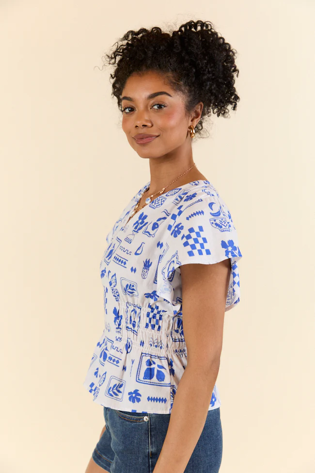 Missed You Blue Icon Printed Cinched Waist Woven Blouse FINAL SALE - Terpint