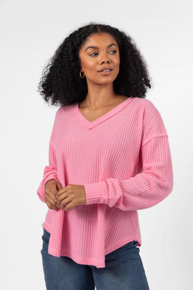 Idle Hands Pink Waffle Knit V-Neck Oversized Knit Top FINAL SALE - Terpint