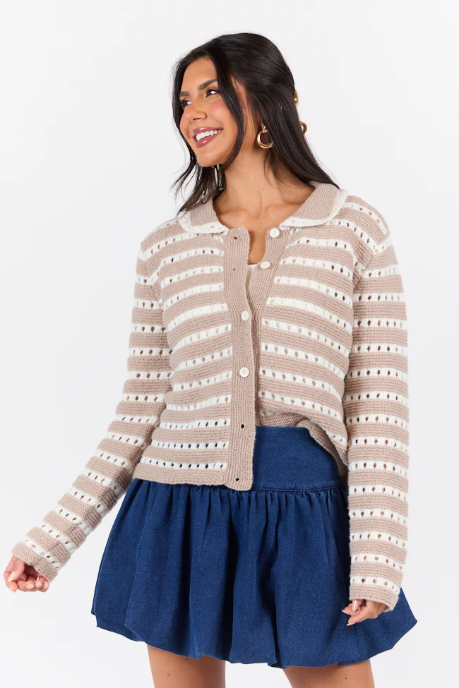 Warm Feelings Taupe Open Knit Striped Collared Cardigan DOORBUSTER - Terpint