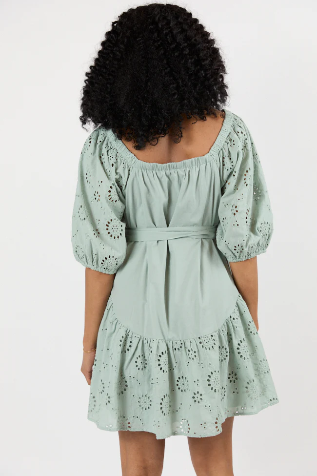 Set The Sage Eyelet Off The Shoulder Dress SALE - Terpint